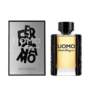 Perfume Salvatore Ferragamo Uomo Edt 100ml para hombre frasco de vidrio texturizado con logo y tapa negra fragancia gourmand con notas dulces y tiramisú.
