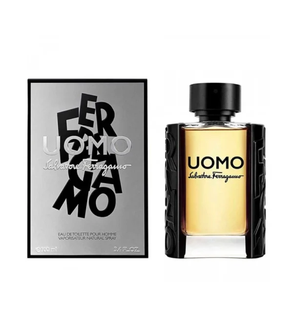 1-Uomo-by-Salvatore-Ferragamo-EDT Perfume Salvatore Ferragamo Uomo Edt 100ml para hombre frasco de vidrio texturizado con logo y tapa negra fragancia gourmand con notas dulces y tiramisú.