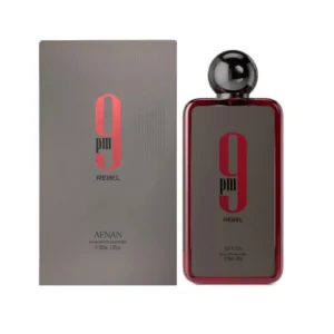 Perfume Afnan 9PM Rebel EDP 100ml. Frasco negro brillante y elegante. Fragancia unisex afrutada, amaderada y dulce con notas de piña, vainilla y caramelo.