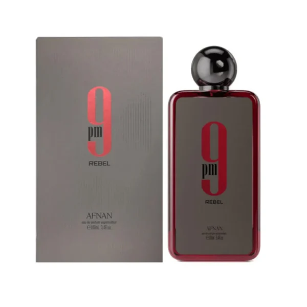 Perfume Afnan 9PM Rebel EDP 100ml. Frasco negro brillante y elegante. Fragancia unisex afrutada, amaderada y dulce con notas de piña, vainilla y caramelo.