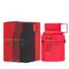 Perfume Armaf Odyssey Artisto The Red Edition 100ml EDP. Frasco de color rojo intenso con diseño rectangular, base de metal plateado y tapa cilíndrica.