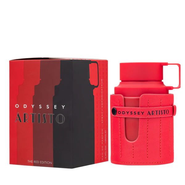 Perfume Armaf Odyssey Artisto The Red Edition 100ml EDP. Frasco de color rojo intenso con diseño rectangular, base de metal plateado y tapa cilíndrica.