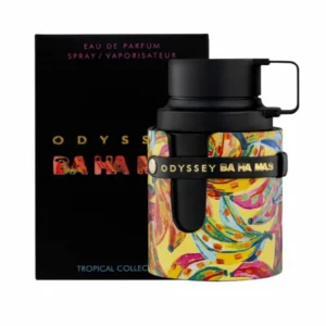 Perfume Armaf Odyssey Ba'harmas EdP. Frasco cilíndrico negro con caja amarilla y motivos tropicales de plátanos.