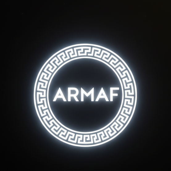 Logo de Armaf en tipografía limpia con efecto neón blanco, cuadrado y fondo oscuro.