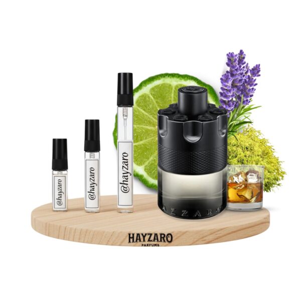 Decant de perfume Azzaro The Most Wanted Eau de Toilette Intense en atomizador. Fragancia masculina aromática y fresca con notas de lavanda, bergamota, musgo y licor. Botella negra brillante.