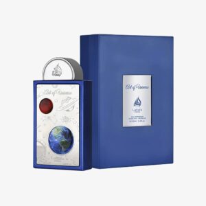Perfume Lattafa Art of Universe 100ml EDP. Frasco rectangular de la línea Lattafa Pride, color gris metalizado con ilustraciones cósmicas y tapa plateada.