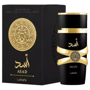 Perfume Lattafa Asad Edp 100ml frasco negro con detalles dorados fragancia oriental amaderada para hombre con pimienta tabaco y vainilla.