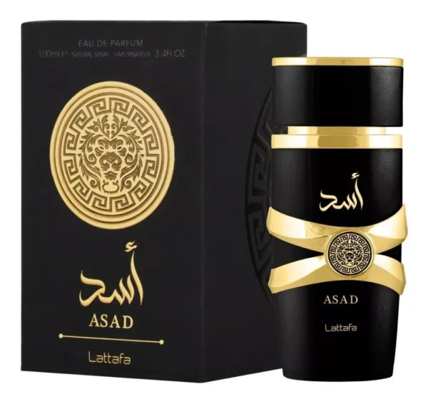 Perfume Lattafa Asad Edp 100ml frasco negro con detalles dorados fragancia oriental amaderada para hombre con pimienta tabaco y vainilla.