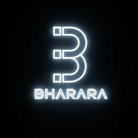 Logo de Bharara con el texto en neón blanco brillante, fondo negro y formato cuadrado.