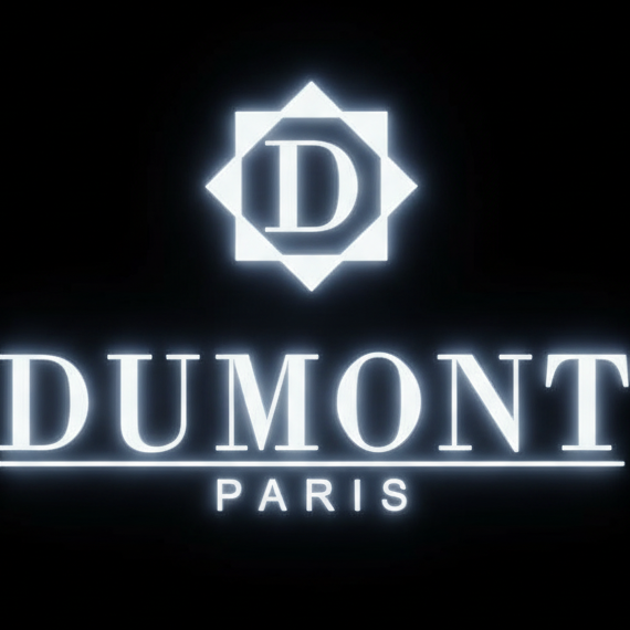 Logotipo de Dumont Paris (D en hexagrama) en neón blanco brillante, cuadrado.