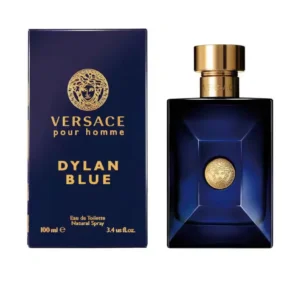 Perfume Versace Dylan Blue Eau de Toilette 100ml. Frasco rectangular de cristal azul oscuro con tapón dorado y emblema de la Medusa. Fragancia masculina fresca y amaderada.