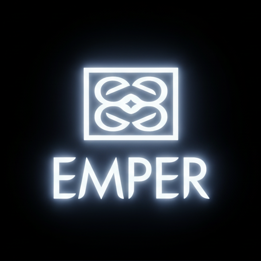Logotipo de Emper en blanco brillante con símbolo superior, sobre fondo negro.