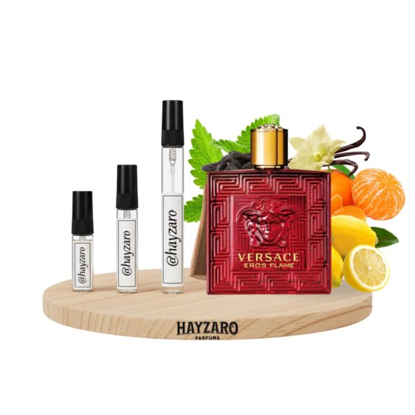 EROS FLAME Decant de perfume Versace Eros Flame Eau de Parfum en atomizador. Fragancia masculina amaderada especiada con notas de mandarina, pimienta negra, vainilla y haba tonka.