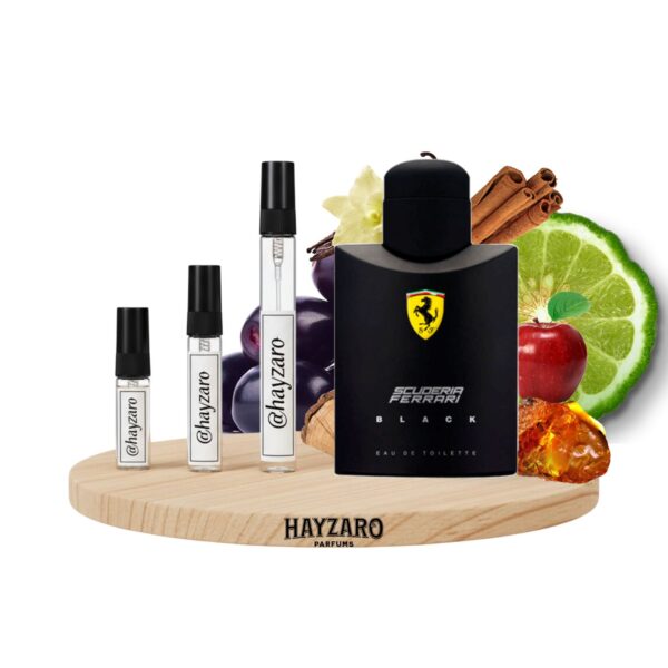 FERRARI BLACK Decant de perfume Ferrari Scuderia Black Eau de Toilette en atomizador. Fragancia masculina dulce y especiada con notas de manzana, canela, jazmín y vainilla.