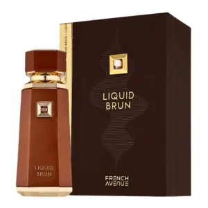 FRENCH-AVENUE-LIQUID-BRUN100ML Perfume French Avenue Liquid Brun 100ml EDP. Frasco de vidrio marrón oscuro facetado, con tapa hexagonal dorada y un medallón con el logo de la marca.