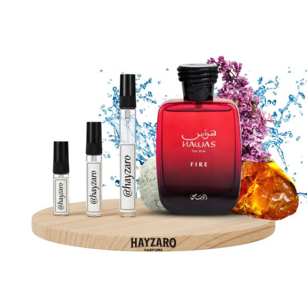 Decant de perfume Rasasi Hawas Fire en atomizador de muestra. Fragancia masculina especiada ambarada con notas de canela, ciruela y cardamomo.