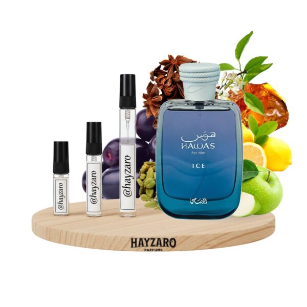 Decant de perfume Rasasi Hawas Ice en atomizador de muestra. Fragancia masculina aromática acuática con notas de limón, manzana, ciruela y madera a la deriva.