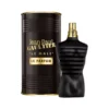 Perfume Jean Paul Gaultier Le Male Le Parfum EdP. Frasco icónico con forma de torso masculino, vestido con laca negra y rayas doradas de capitán.