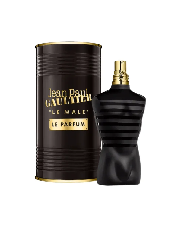 Perfume Jean Paul Gaultier Le Male Le Parfum EdP. Frasco icónico con forma de torso masculino, vestido con laca negra y rayas doradas de capitán.