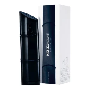 Perfume Kenzo Homme Eau de Parfum 100ml. Botella de vidrio azul oscuro degradado en forma de bambú, fragancia marina, de cuero y pachulí para hombre.