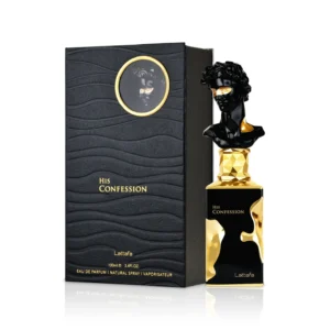 Perfume Lattafa His Confession 100ml Eau de Parfum. Frasco cuadrado de color marrón oscuro o negro con tapa metálica y grabados dorados. Diseño de perfume árabe de lujo.