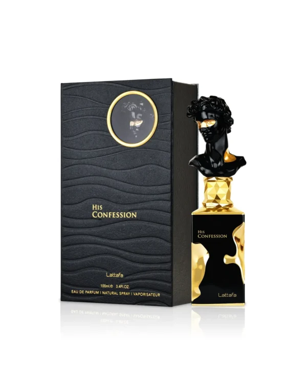 Perfume Lattafa His Confession 100ml Eau de Parfum. Frasco cuadrado de color marrón oscuro o negro con tapa metálica y grabados dorados. Diseño de perfume árabe de lujo.