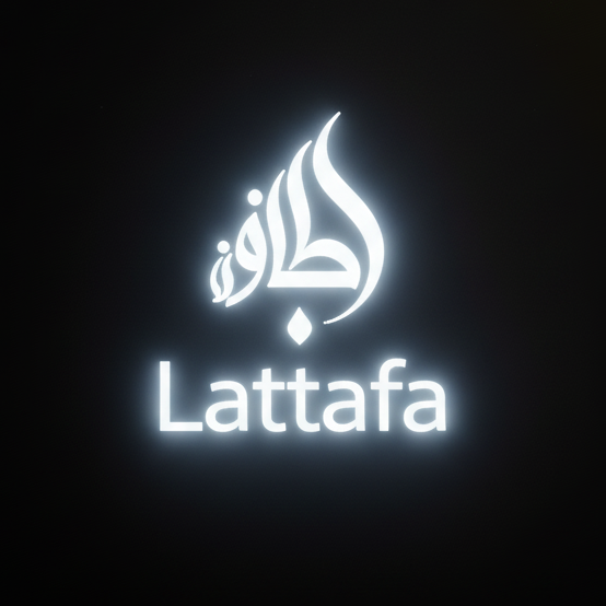 Logotipo de Lattafa, fuente de letra exacta, neón blanco/azul sobre fondo negro.