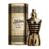 Perfume Jean Paul Gaultier Le Male Elixir Parfum 125ml. El frasco icónico en forma de torso masculino, lacado en un color ámbar dorado con rayas de marinero en relieve.