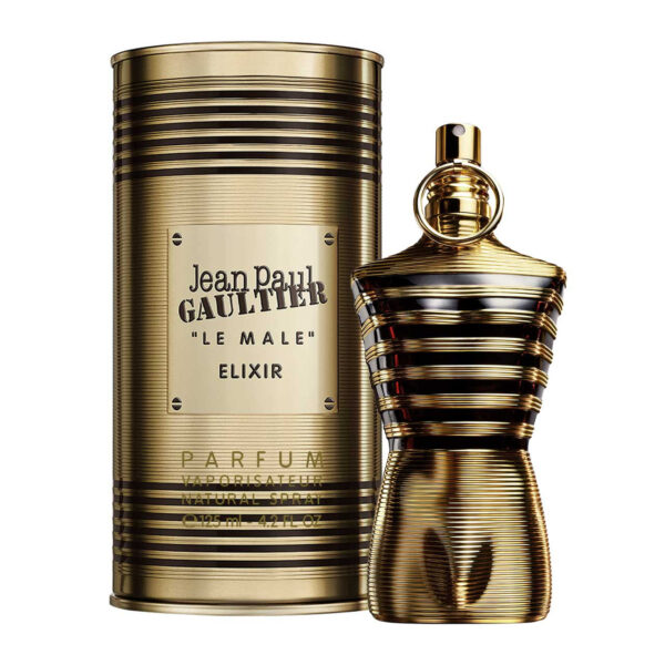 Perfume Jean Paul Gaultier Le Male Elixir Parfum 125ml. El frasco icónico en forma de torso masculino, lacado en un color ámbar dorado con rayas de marinero en relieve.