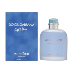 Version 1.0.0 Perfume Dolce & Gabbana Light Blue Eau Intense Pour Homme 125ml. Botella de vidrio esmerilado con líquido azul marino y tapón azul oscuro, fragancia cítrica y marina para hombre.