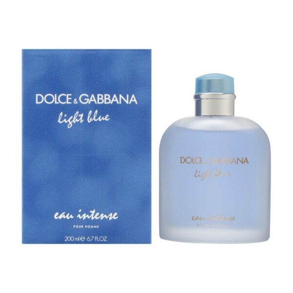 Version 1.0.0 Perfume Dolce & Gabbana Light Blue Eau Intense Pour Homme 125ml. Botella de vidrio esmerilado con líquido azul marino y tapón azul oscuro, fragancia cítrica y marina para hombre.