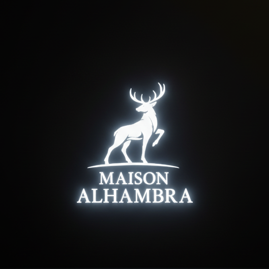 Logo de Maison Alhambra con dibujo del ciervo y tipografía, efecto neón blanco y fondo negro.