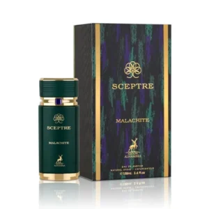 Perfume Maison Alhambra Sceptre Malachite Eau de Parfum 100ml. Frasco rectangular de vidrio con un diseño de color verde intenso, con tapa dorada o negra. Fragancia unisex frutal y amaderada.