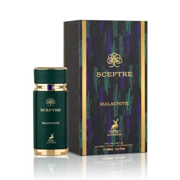 Perfume Maison Alhambra Sceptre Malachite Eau de Parfum 100ml. Frasco rectangular de vidrio con un diseño de color verde intenso, con tapa dorada o negra. Fragancia unisex frutal y amaderada.