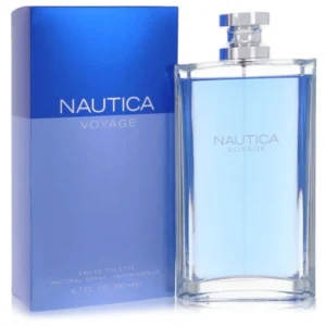 NAUTICA-200ML Perfume Nautica Voyage Edt 200ml para hombre frasco de vidrio con diseño de ancla y tapa plateada fragancia amaderada acuática con manzana verde y almizcle.