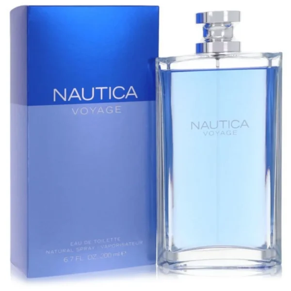 NAUTICA-200ML Perfume Nautica Voyage Edt 200ml para hombre frasco de vidrio con diseño de ancla y tapa plateada fragancia amaderada acuática con manzana verde y almizcle.