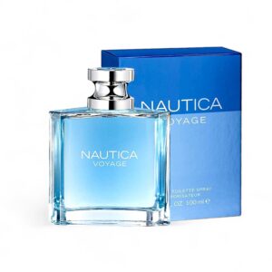 NAUTICA-VOYAGE-100ML Perfume Nautica Voyage Edt 100ml para hombre frasco de vidrio con diseño de ancla y tapa plateada fragancia amaderada acuática con manzana verde y almizcle.