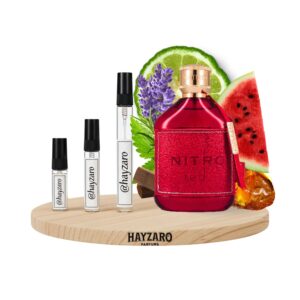 Decant de perfume Dumont Nitro Red en atomizador de muestra. Fragancia masculina aromática frutal con notas de sandía, manzana, lavanda y cedro.