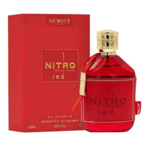 Perfume Dumont Nitro Red Pour Homme Edp 100ml frasco rojo intenso con tapa gris metalizada fragancia afrutada amaderada para hombre con sandía, manzana y pachulí.