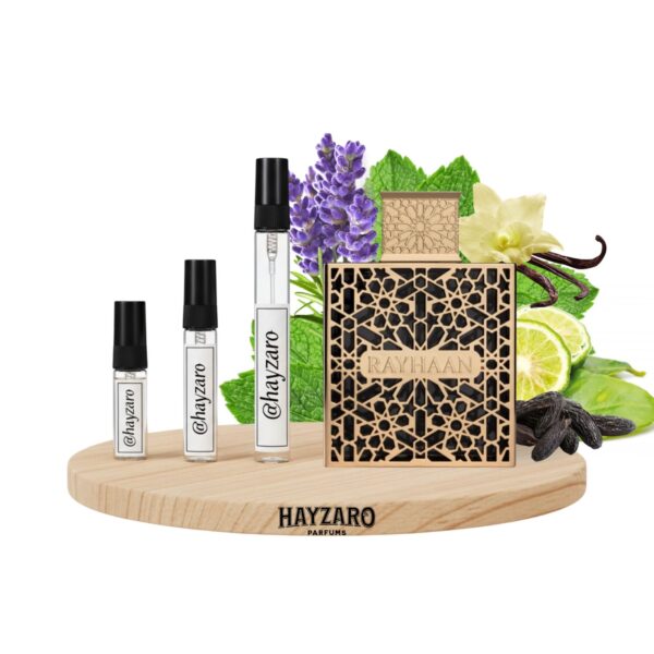 RAYHAAN ELIXIR Decant de perfume Rayhaan Elixir Eau de Parfum en atomizador. Fragancia unisex amaderada oriental con notas de menta, lavanda, benjuí, vainilla y haba tonka.