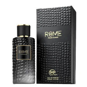 Perfume Bharara Rome Pour Homme 100ml EDP. Frasco masculino de diseño geométrico, con líquido y tapa en tonos oscuros/negros, fragancia de lavanda, vainilla y vetiver.