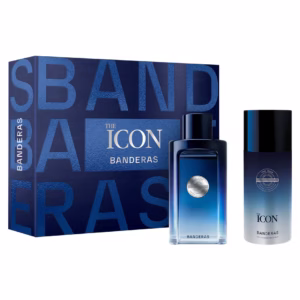 Set de regalo Antonio Banderas The Icon 2 piezas caja azul oscuro con frasco EDT 100ml azul y desodorante para hombre aroma amaderado especiado con toronja y sándalo.
