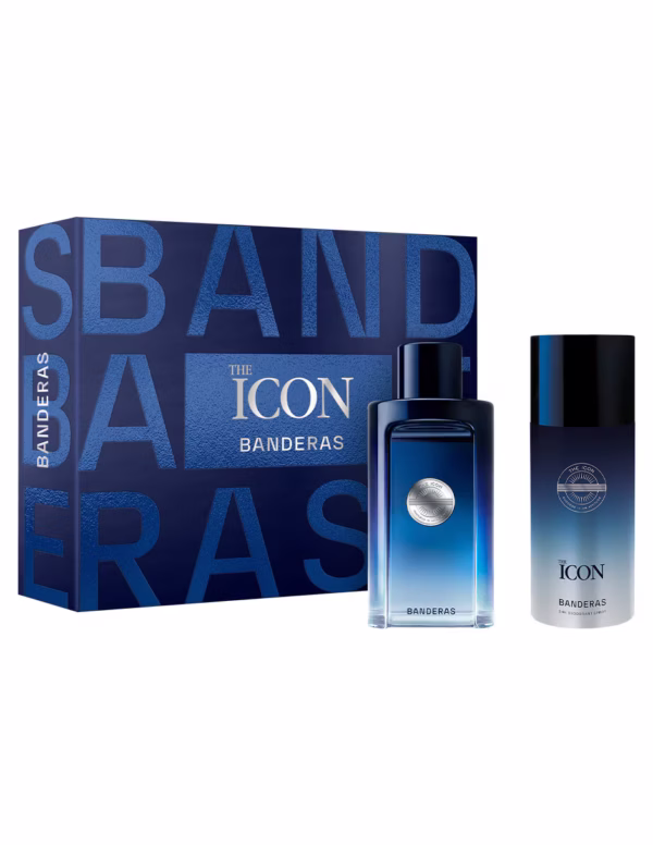 Set de regalo Antonio Banderas The Icon 2 piezas caja azul oscuro con frasco EDT 100ml azul y desodorante para hombre aroma amaderado especiado con toronja y sándalo.