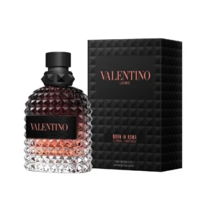 Perfume Valentino Uomo Born in Roma Coral Fantasy 100ml EdT. Frasco de vidrio con diseño de tachuelas rockstud color coral degradado a transparente y tapa negra.
