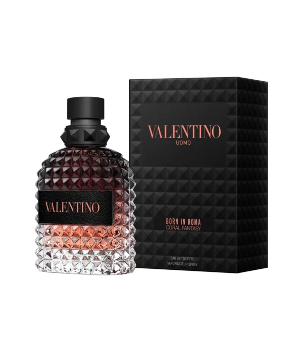 VALENTINO-BORN-IN-ROMA-CORAL-FANTASY Perfume Valentino Uomo Born in Roma Coral Fantasy 100ml EdT. Frasco de vidrio con diseño de tachuelas rockstud color coral degradado a transparente y tapa negra.