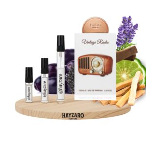 Decant de perfume Lattafa Vintage Radio Eau de Parfum en atomizador. Fragancia unisex frutal amaderada con notas de ciruela, palo santo, lavanda y sándalo.