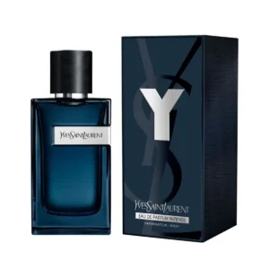 Perfume Yves Saint Laurent Y Eau de Parfum Intense 100ml. Frasco de vidrio cuadrado en tono azul noche profundo con una "Y" plateada brillante.