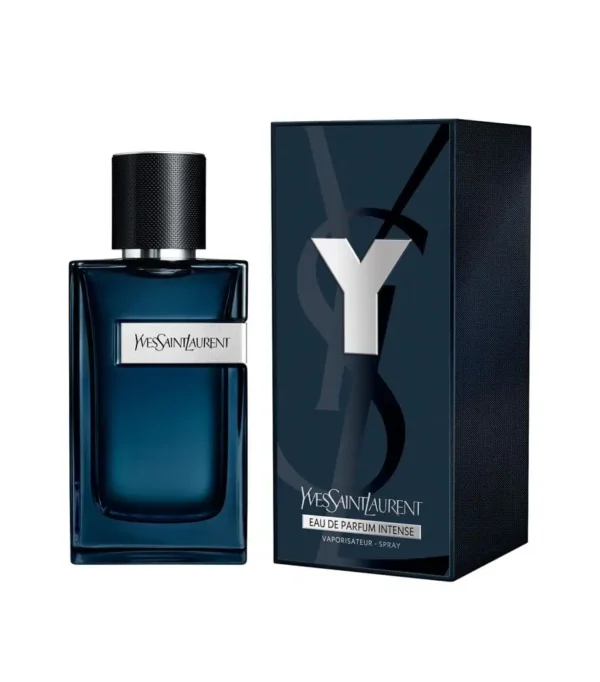 Perfume Yves Saint Laurent Y Eau de Parfum Intense 100ml. Frasco de vidrio cuadrado en tono azul noche profundo con una "Y" plateada brillante.