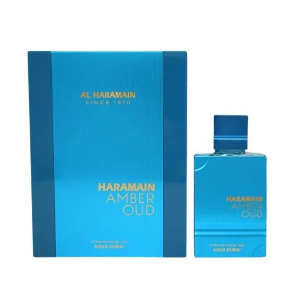 Perfume Al Haramain Amber Oud Aqua Dubai 75ml Extrait de Parfum. Frasco azul y negro con tapa dorada de la colección Amber Oud.