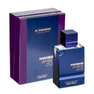 Perfume Al Haramain Amber Oud Dubai Night Extrait de Parfum 75ml. Botella de color oscuro con un diseño ornamentado y una placa dorada con el nombre. Fragancia intensa unisex oriental amaderada.